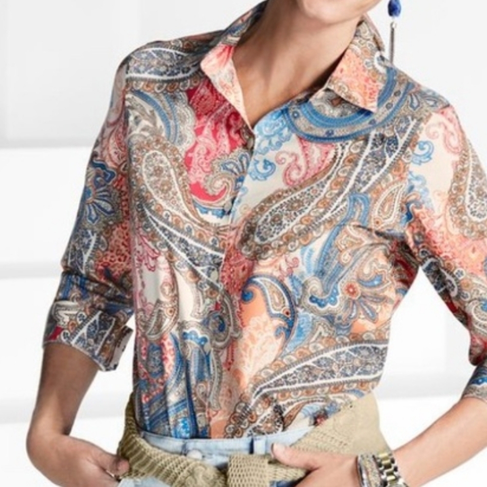*Like New* Chico's Paisley No-Iron Sateen Shirt Rose Peach Blue ¾-Sleeve L/12
